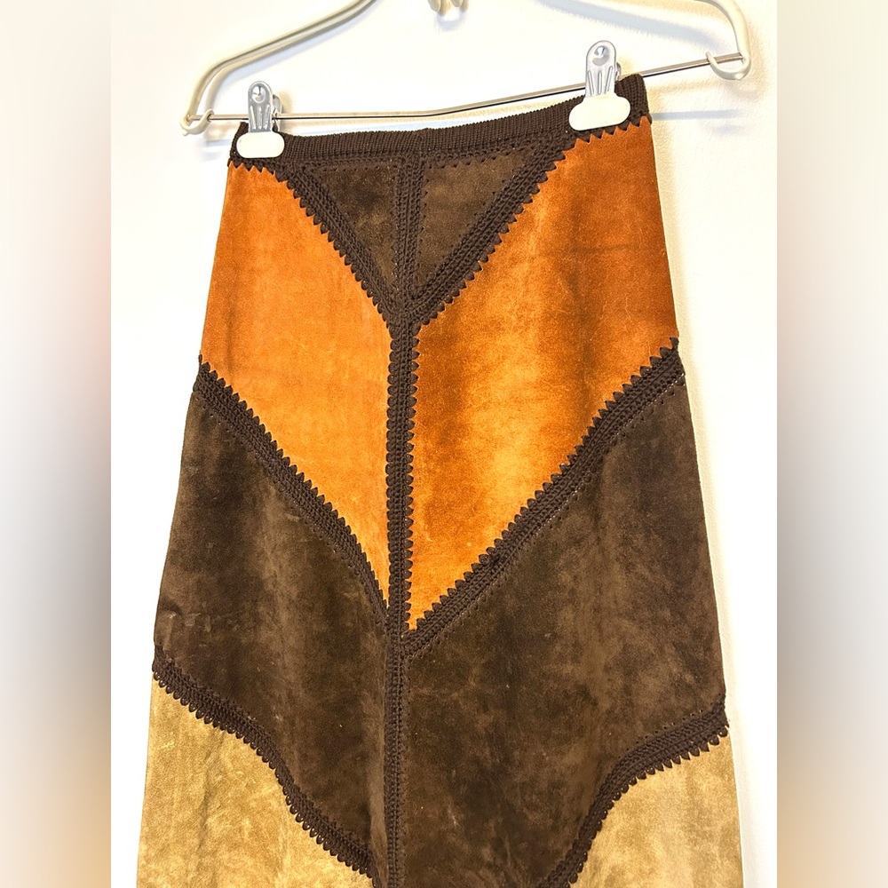 VTG 70s Saks Fifth Avenue Patchwork Suede Maxi Skirt Boho Hippie Chevron Small - Picture 2 of 16